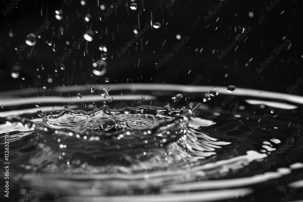 Poster Capturing the beauty of water droplets creating splashes in a dark setting during a rain simulation