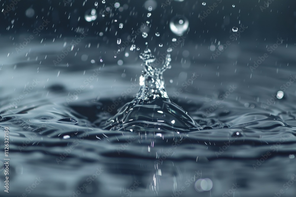 Poster Capturing the beauty of water droplets creating splashes in a dark setting during a rain simulation