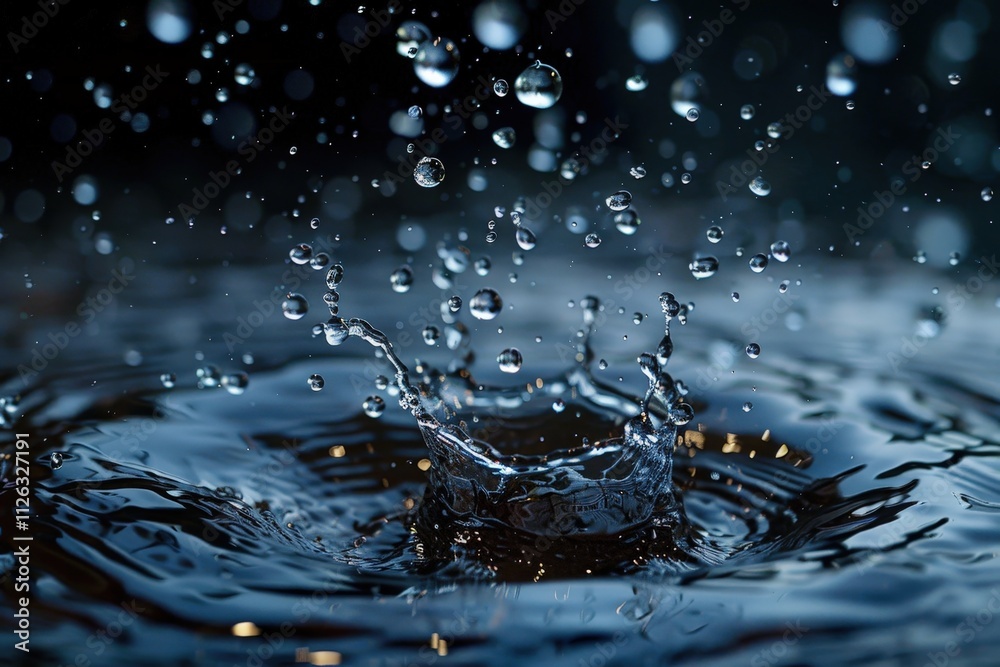 Poster Capturing the beauty of water droplets creating splashes in a dark setting during a rain simulation
