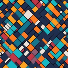 Vibrant Geometric Pattern:  A dynamic and colorful abstract design featuring intersecting squares and rectangles in shades of orange, teal, red, and white, set against a dark blue background.