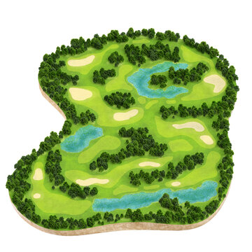 3d realistic illustration of golf course map in isometric view. Nature landscape territory for game isolated on white background.