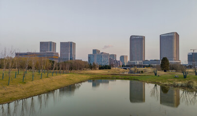 Serene Urban Landscape with Reflections in Water
