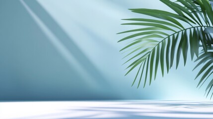 Tranquil room 3D rendering with palm tree close-up on light blue background creating peaceful atmosphere