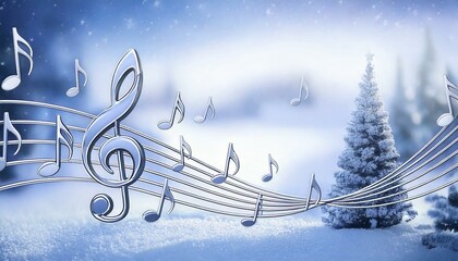 Shimmering Silver Music Notes Floating Against a Serene Winter Landscape