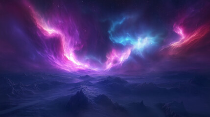 Aurora Borealis Over Snowy Landscape with Vibrant Purple and Blue Glow