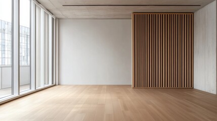 Modern and Minimalistic Empty Room with Wooden Panel, Large Window, and Natural Light