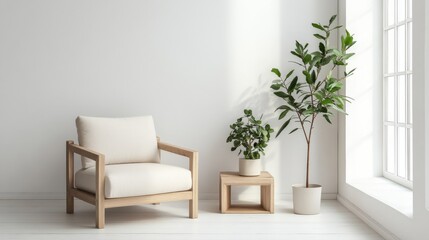 Minimalistic modern living room with white walls, wooden armchair, potted plants, and large window for natural light