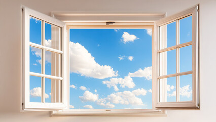 Open Window to Freedom: A crisp, white window frame opens to reveal a vibrant blue sky with fluffy white clouds, symbolizing hope, opportunity, and a fresh perspective.  