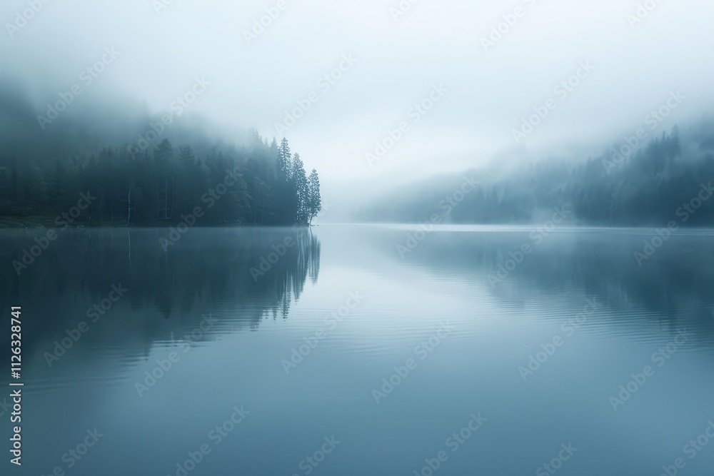 Poster misty morning at a tranquil river surrounded by lush trees and fog, creating a serene atmosphere in 