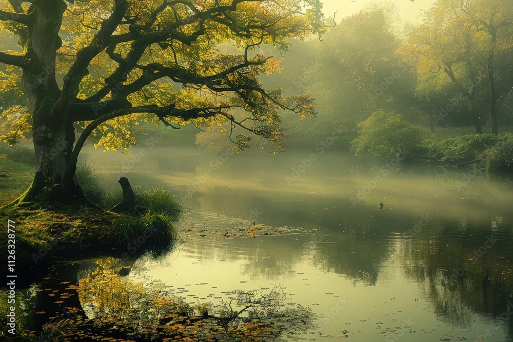 Poster misty morning at a tranquil river surrounded by lush trees and fog, creating a serene atmosphere in 