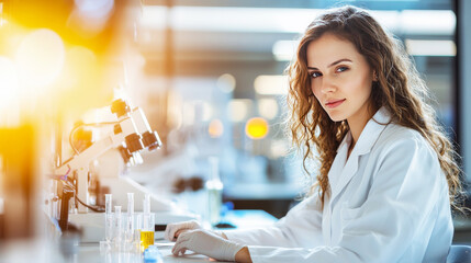 Focused Scientist: A young female scientist, with a determined look in her eyes, examines samples under a microscope in a modern laboratory setting.
