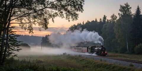 Fototapeta premium A steam train rumbles through the forest during a foggy evening with mist swirling around its wheels and trees in the background, wheels, woodland, locomotive, landscape
