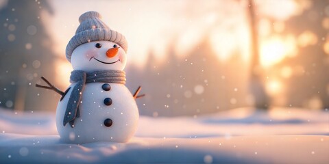 Obraz premium Smiling Snowman in Winter Sunset - Christmas and New Year Background