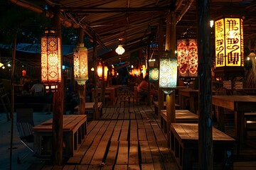 An inviting outdoor restaurant at night, featuring wooden tables and benches under a bamboo-supported roof.