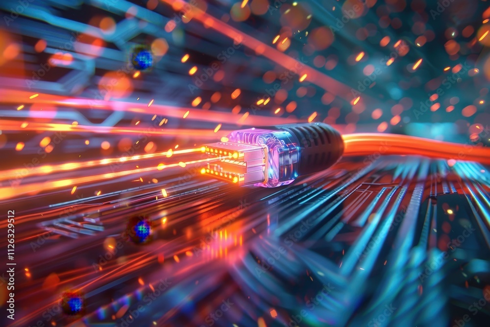 Poster Digital network cables illuminate communication pathways with vibrant light bursts and intricate circuitry patterns in a modern setting