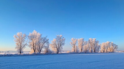 Winter scene of snowy trees and a blue sky, offering space for copy.