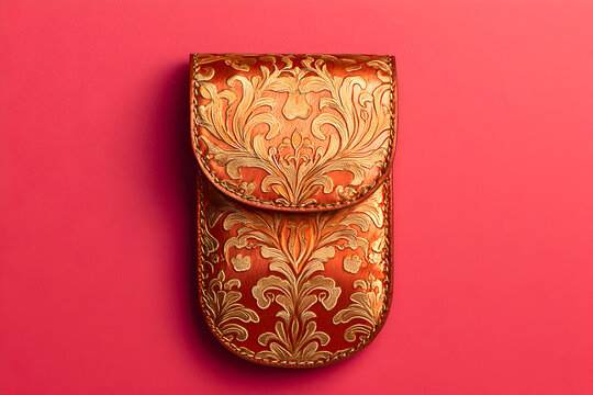 Ornate gold and orange leather phone case on pink background. - Powered by Adobe