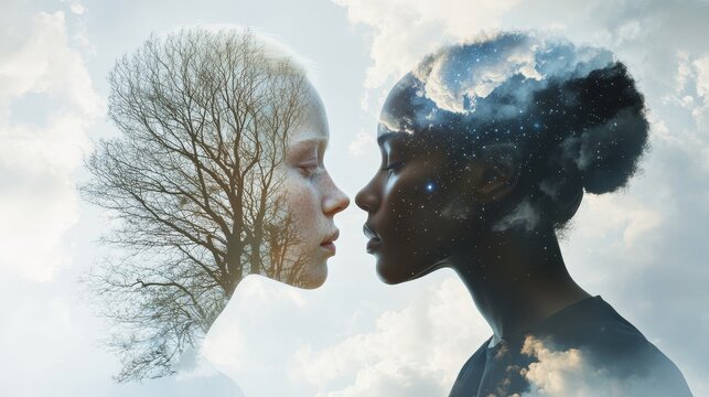A dreamy double exposure image blending human profiles with elements of nature and the cosmos, symbolizing unity and diversity.