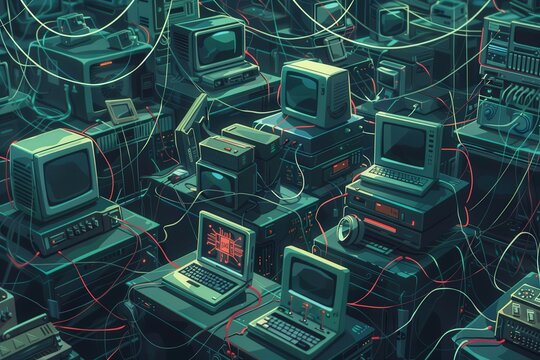 Vintage computers and retro technology create an intricate network in a dimly lit storage space filled with tech relics from the past and a modern aesthetic