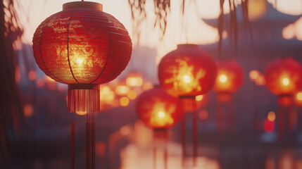 Traditional Chinese Red Lanterns on festive street background. Chinese New Year, Lunar New Year