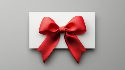 Minimalistic Blank White Gift Card with Red Ribbon Bow on Light Grey Background, Elegant and Neat Design