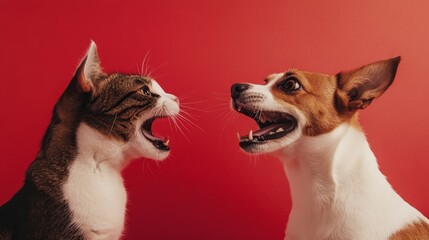 A cat and dog facing each other while yawning against a bold red backdrop, highlighting their playful interaction.