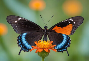 Fototapeta premium monarch butterfly, vibrant orange wings, black veins, white spots, yellow flowers, green leaves, soft focus background, macro photography, detailed wings, nature close-up, delicate insect, pollinator,