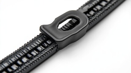 A close-up of a black zipper with a slider, showcasing its design and functionality.