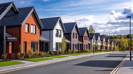 Naklejka premium Modern Brick Houses with Sloping Roofs on Tree-Lined Street, Peaceful Atmosphere in Blue Sky Background