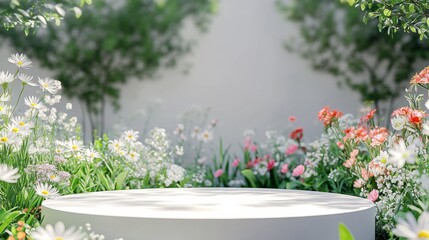 Tranquil garden scene with white circular platform, colorful flowers, and lush greenery creating a peaceful and serene atmosphere