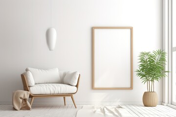 Mockup three poster frame in modern interior background with pink chair, living room, Scandinavian style, 3D render, 3D illustration
