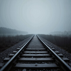 Fototapeta premium Empty railway track stretching under gray sky, soft diffused light