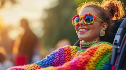 Obraz premium Cheerful young woman in colorful sunglasses and sweater sitting in stroller outdoors, smiling with blurred background
