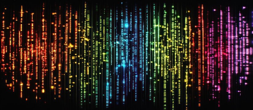 Cybernetic binary code flowing in streams of neon lights, with illuminated lines and dark tech background, representing digital information movement 