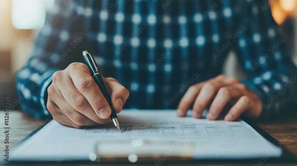 Poster accountant calculating budget using pen and clipboard: