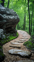 Fototapeta premium Curving behind a large rock formation is a forest-lined path