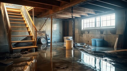 Unfinished basement with water-covered floor, debris, scattered buckets, concrete walls, large window, wooden beam ceiling. Neglected, abandoned atmosphere