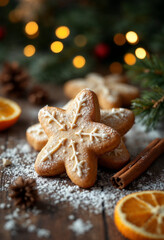 Christmas cookies, cinnamon sticks, and dried orange slices on a wooden surface with holiday lights.

