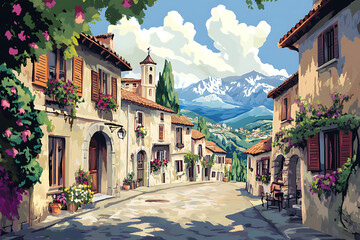 Fototapeta premium A picturesque village street with charming houses, flowers, and mountains in the background.