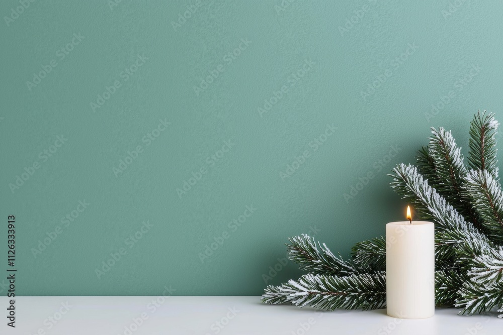 Poster burning candle and snowy pine branches creating festive atmosphere on table