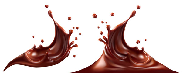 Sweet milk chocolate splash with drops, bubbles and blots. Melting liquid fluid crown drops. Isolated on white background. Vector illustration.