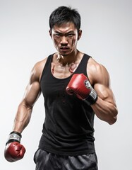 Bloody muscled boxer in red gloves and tank top for sports, fitness, boxing, competition, aggression, determination, training, strength.