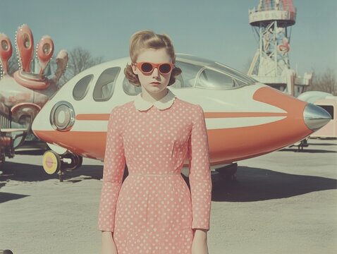 Retro Futurism: A young woman in a vintage dress and sunglasses stands confidently in front of a futuristic spaceship. Her expression is both curious and resolute.