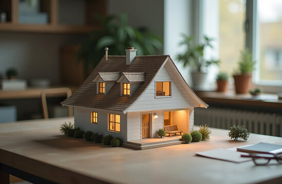 Model cottage building house stand on architect desk office. AI Generative