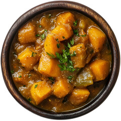 Extreme top view of hyperrealistic pumpkin stew in a dark wooden bowl isolated on a white background well lit sharp focus. --v 6.1.png