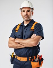 Smiling repairman in work clothes suitable for advertising, website design, construction themes, repair services marketing, maintenance guides, and professional presentations.
