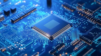 Obraz premium Blue digital tech background with a microchip and circuit board design 