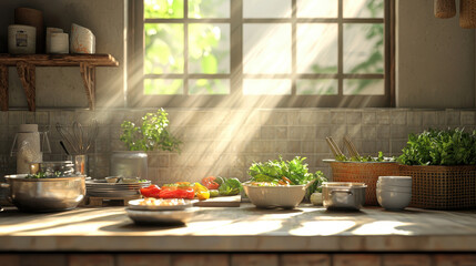 bright and inviting traditional kitchen setup with fresh vegetables, herbs, and sunlight streaming through windows, creating warm atmosphere for cooking