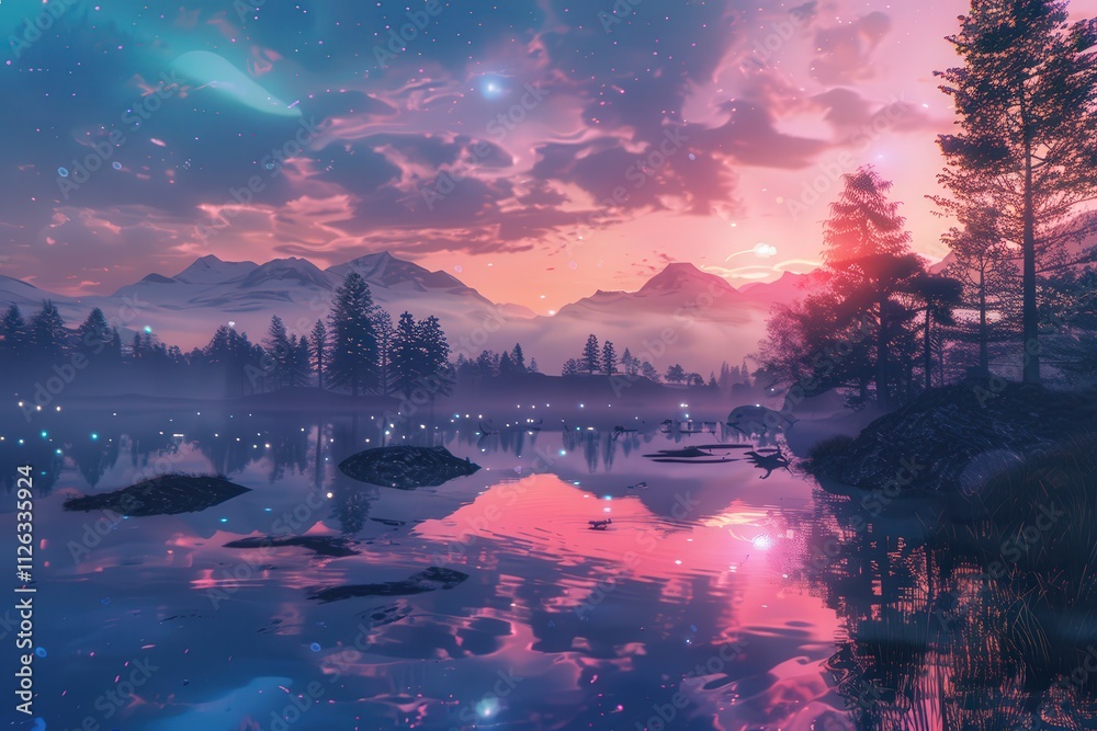 Poster colorful sunset reflected in tranquil lake surrounded by mountains and pine trees, creating a serene