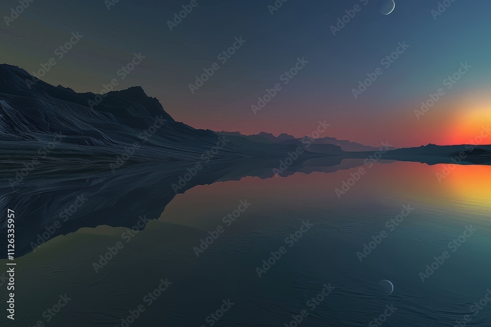 Poster colorful sunset reflected in tranquil lake surrounded by mountains and pine trees, creating a serene
